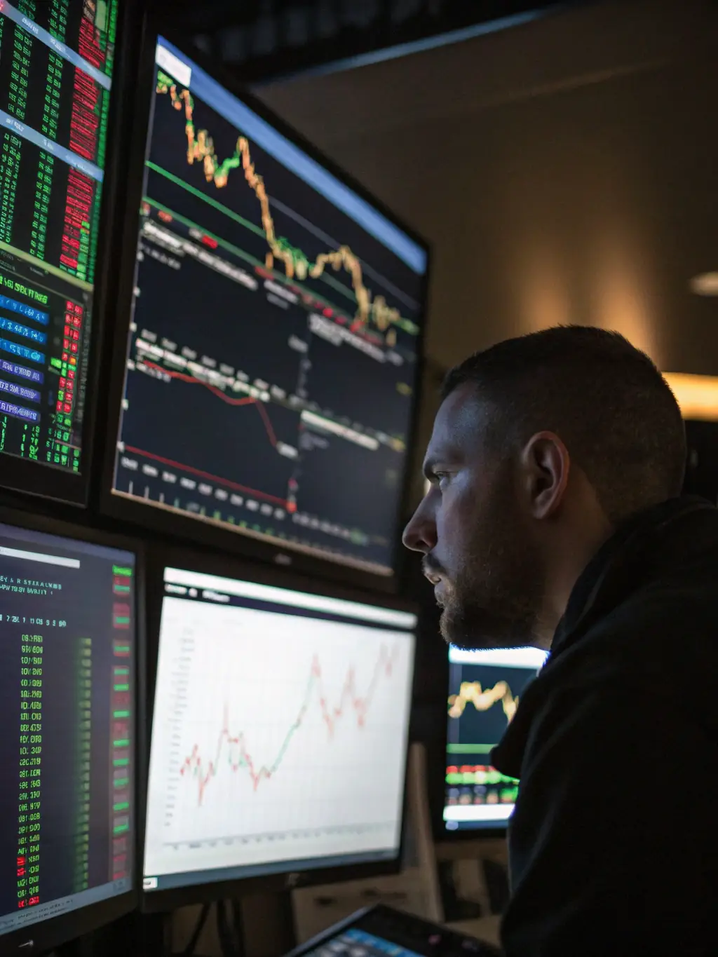 A focused close-up shot of a Forex trading chart, highlighting currency pair fluctuations and technical indicators, set against a blurred background of a busy trading floor.