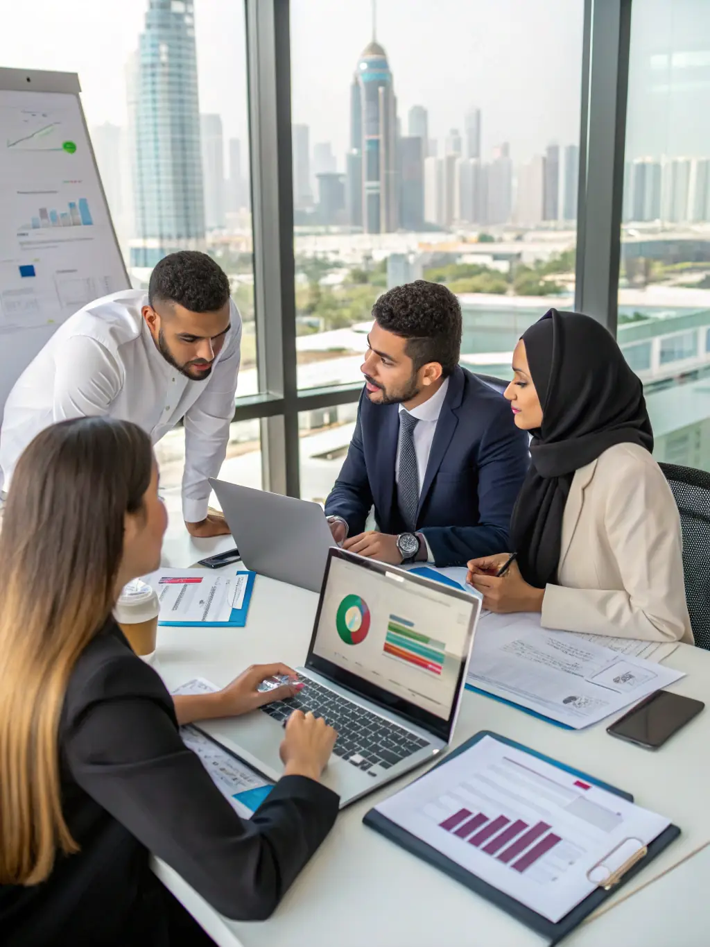 A diverse group of traders collaborating and sharing insights in a modern trading room, showcasing the community aspect of The McLean Method.