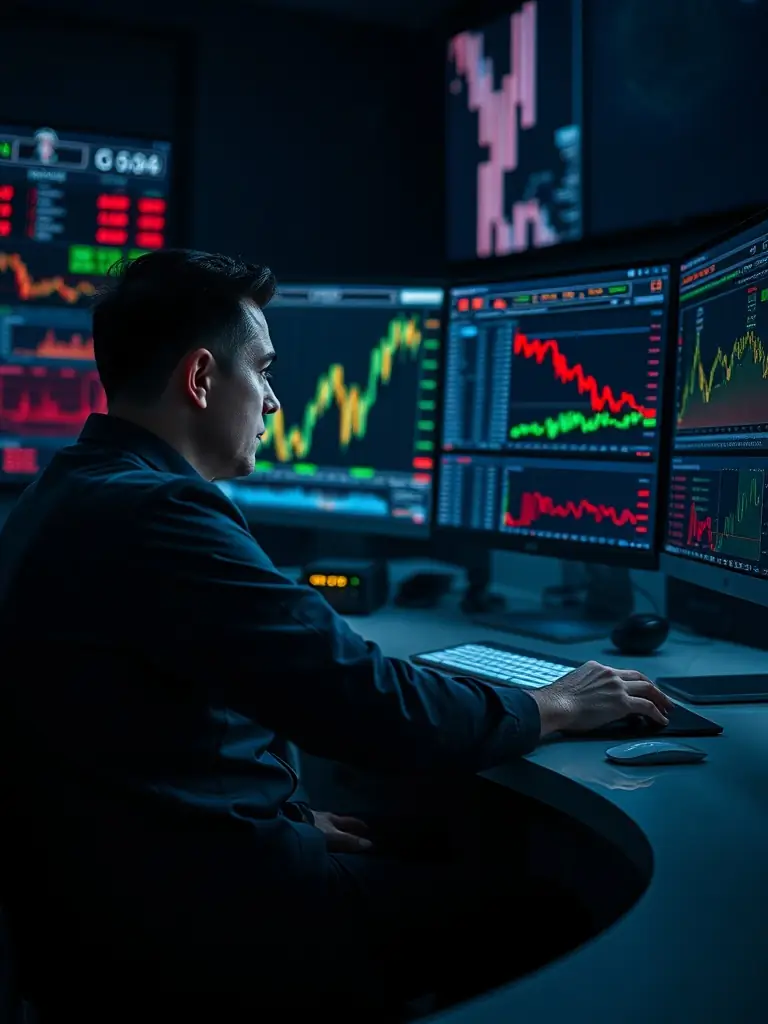 An image of stock market tickers scrolling across a digital display, with a silhouetted figure of a trader analyzing the data in the foreground.